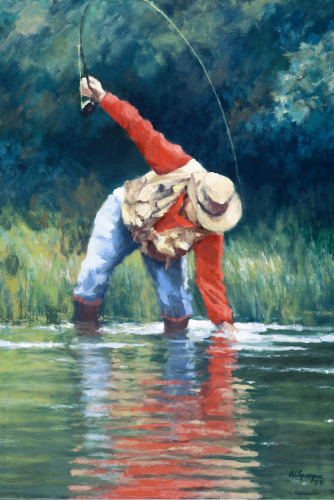 Painting of a person fly fishing in a natural setting