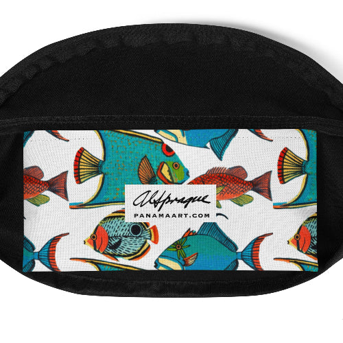 Black waist bag with colorful fish pattern and 'Alfaparuel Panama Art' branding.