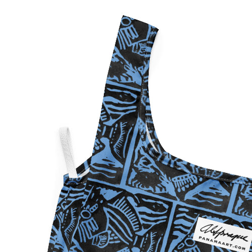 Blue and black patterned top with a visible brand label on a white background