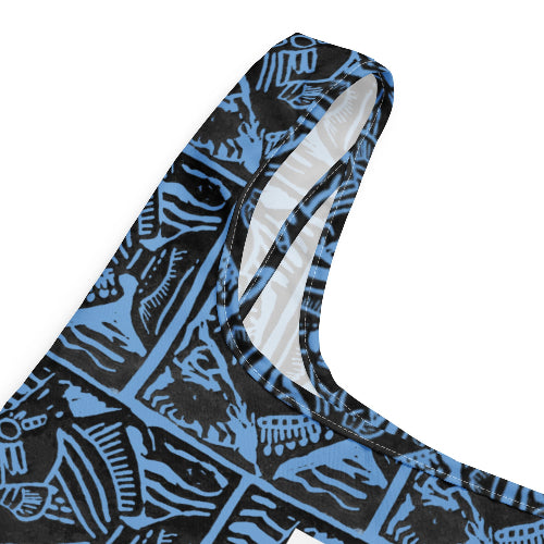 Blue and black patterned garment on a white background