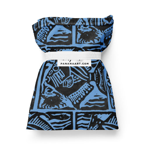 Blue and black patterned strapless top with a visible brand label on a white background