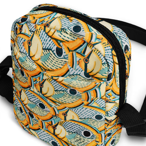 Crossover bag with fish pattern on a white background