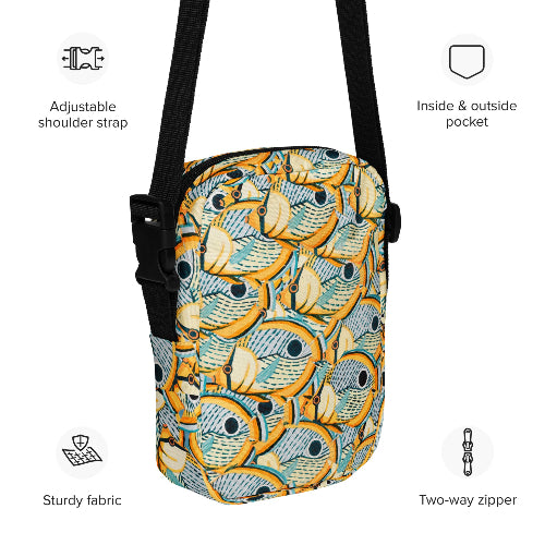 Colorful bag with fish pattern and features listed on a white background