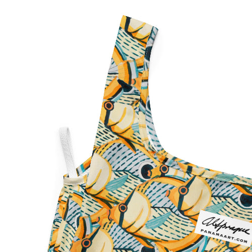 Colorful shopping bag with fish pattern on a white background