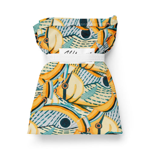 A shopping cart with colorful fish folded.